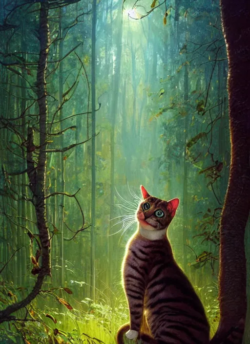 Prompt: a hyper realistic illustrated cat with happy lighting playing in the woods gorgeous lighting, sunbeams blue sky, lush forest foliage painting by chiara bautista and beksinski and norman rockwell and greg rutkowski weta studio, and lucasfilm