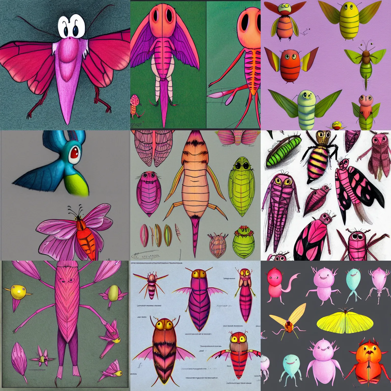 Prompt: character design sheets of a rosy maple moth lady in the calarts art style, art by tim burton, art by vivienne medrano, by pixar, 2 d, colored pencils, drawing sketches, creative, unique, high quality, real life, cinematic shot