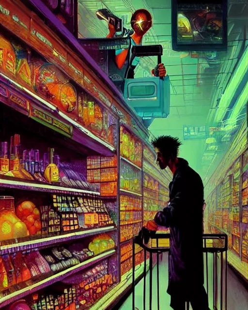 Image similar to cyberpunk man shopping at a neon soaked grocery store, science fiction painting, elegant intricate digital painting artstation, art by norman rockwell, detailed