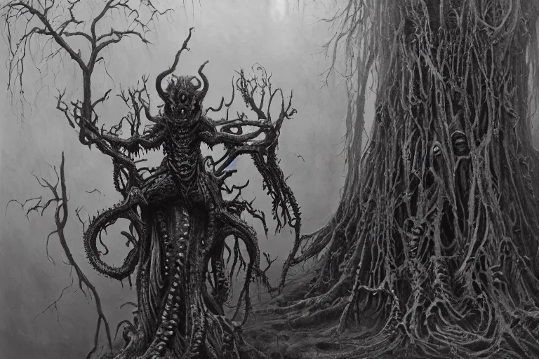 Prompt: Haunting horrifying hyperrealistic detailed painting of a demonic Lovecraftian creature sitting atop a giant throne of branches in a foggy hellscape, dystopian feel, heavy metal, disgusting, creepy, unsettling, in the style of Michael Whelan and Zdzisław Beksiński, lovecraftian, hyper detailed, trending on Artstation