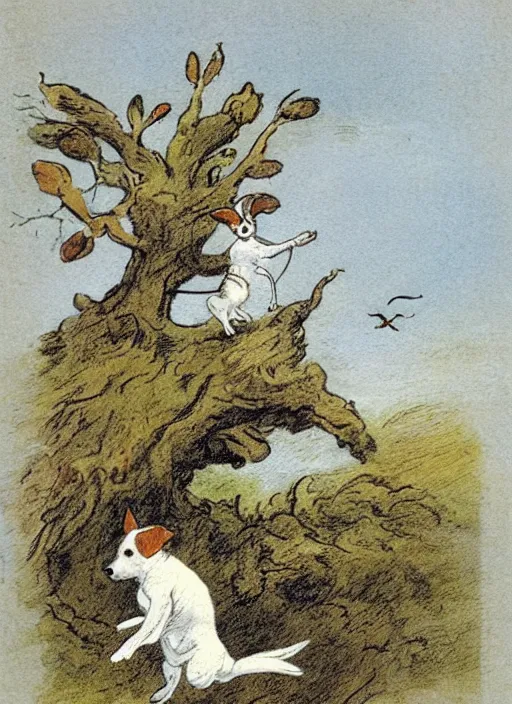 Image similar to jack russel terrier jumping from the ground over a small tree, illustrated by peggy fortnum and beatrix potter and sir john tenniel