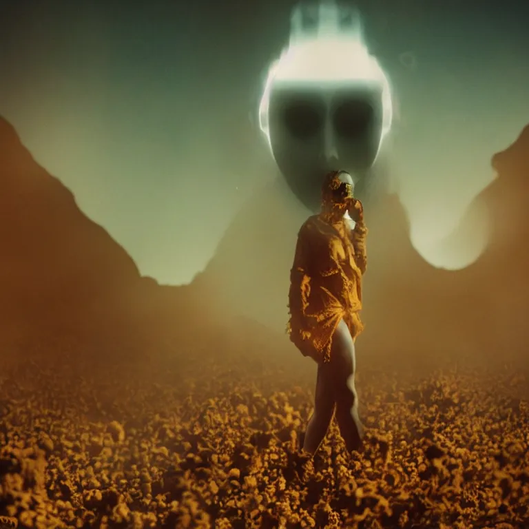 Image similar to The full body shot of beautiful pale woman with many eyes flowers and full-face golden mask inside a thick black smoke in rocky desert landscape, glowing eyes, falling star on the horizon, burning earth by Gaspar Noe and Christopher Doyle, anamorphic lens, anamorphic lens flares, kodakchrome, cinematic composition, practical effects, award winning photo, 8k