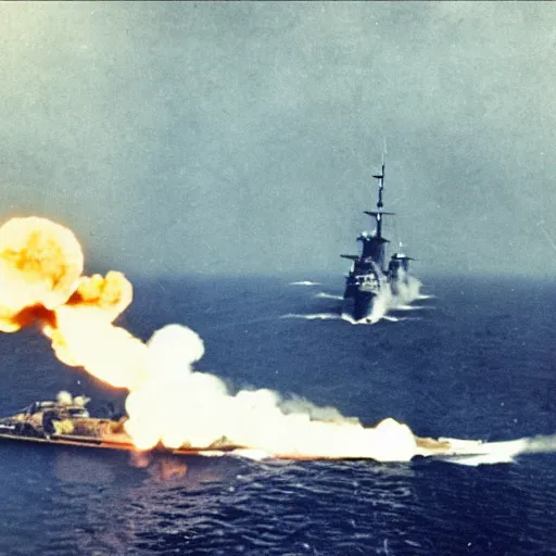 Prompt: view from the deck of a batteship firing a broadside, kamikaze planes diving, world war ii, high resolution colour photo