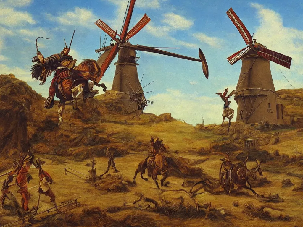 Prompt: oil painting of don quijote attacking a windmill, hyperrealism, highly detailed, pre - raphaelite style