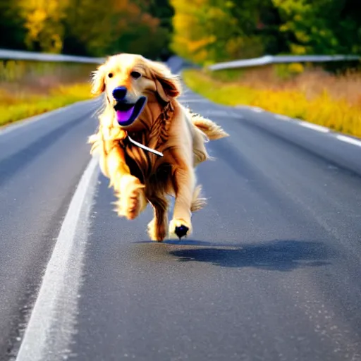 Prompt: photo of a golden retriever running on a highway