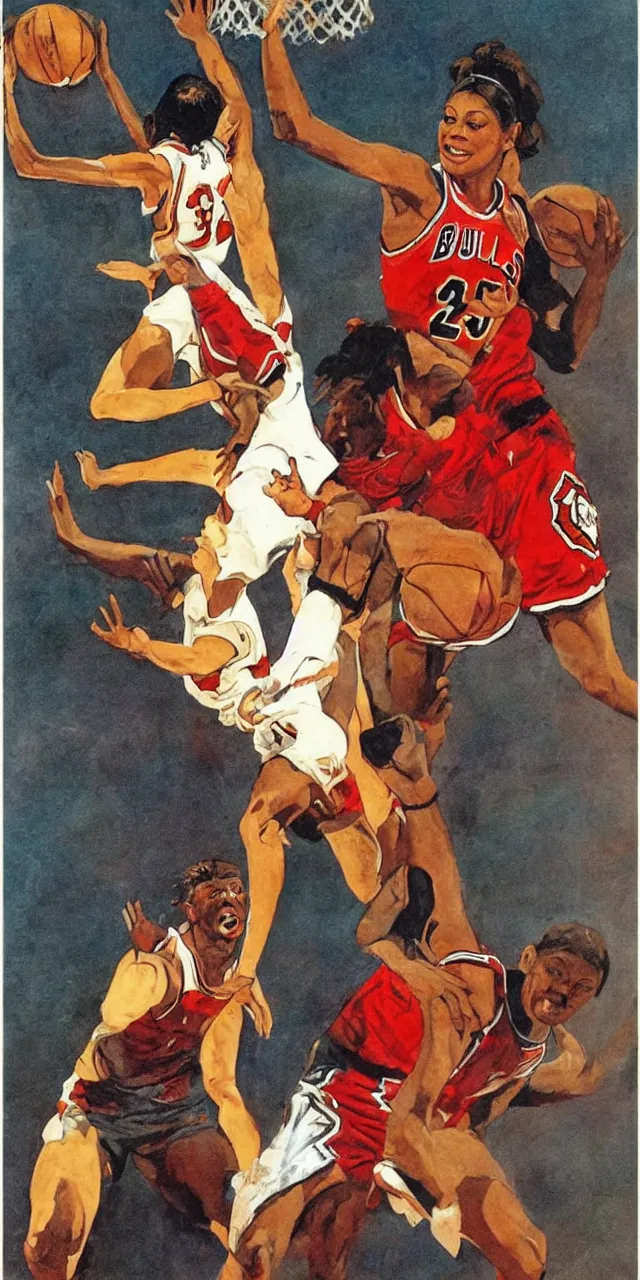 Prompt: candace parker playing basketball in a chicago bulls jersey, art by frank frazetta,