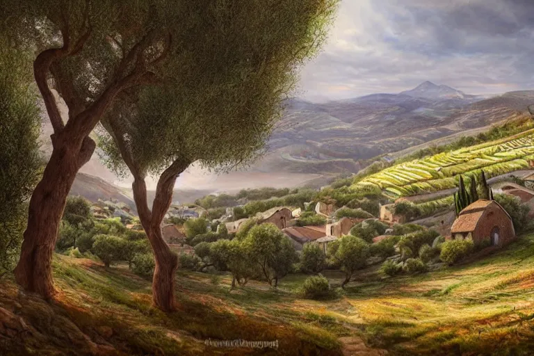 Prompt: beautiful amazing mind-bending stunning inspiring painting of a traditional hilly rural town landscape with many olive trees!, fantasy, painted in photoshop, digital art, hyperrealistic, sharpened, highly detailed, cinematic, wide angle, warm lighting, trending on artstation