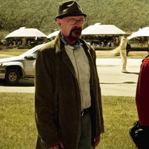 Prompt: Walter White volunteers for a furry convention, movie still frame, intense, trailer