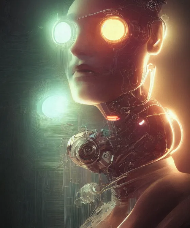 Prompt: a man turning into an Android portrait wearing a part cybernetic body, surrealism , scifi, intricate, elegant, sharp eyebrows, highly detailed cybernetic body, neon glowing eyes, digital painting, artstation, concept art, smooth, sharp focus, illustration, art by Artgerm and moebius and Peter Mohrbacher