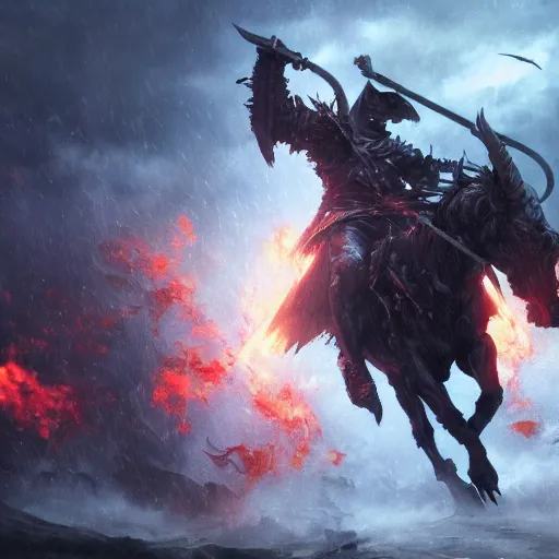 Prompt: cinematic still of a demon lord going to battle on his demonic steed and wielding an arcane scythe as he charges the enemy, raining fire, 4k, masterpiece, by Greg Rutkowski, Trending on Artstation