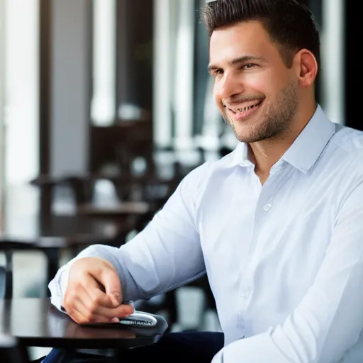 Prompt: head and shoulders male portrait of a young business professional, sitting down at a nice restaurant.