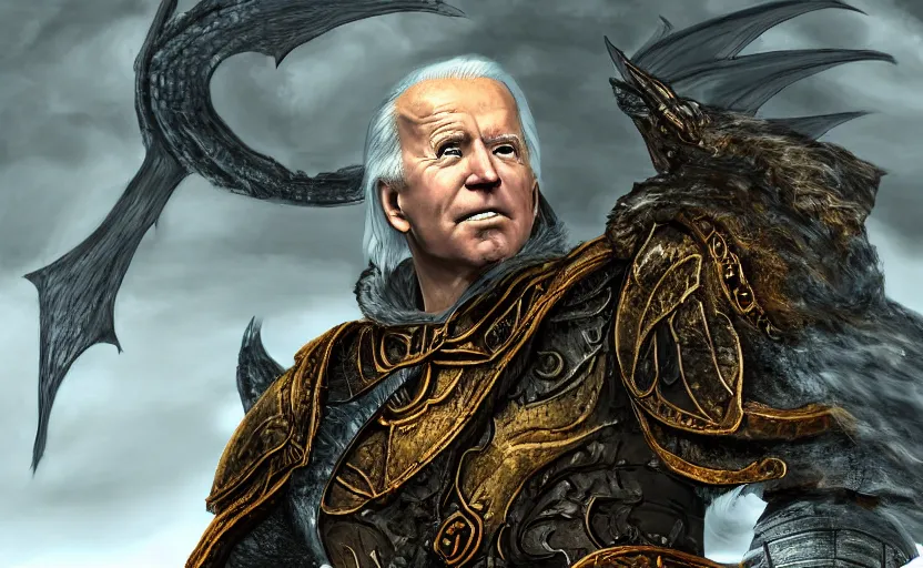 Image similar to joe biden as the dragonbord in skyrim, digital art