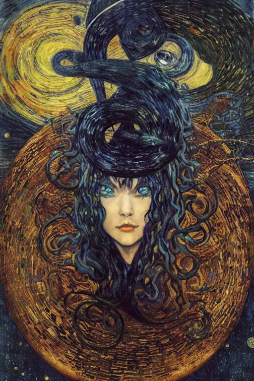 Image similar to Kirisame marisa, touhou project by Karol Bak, Jean Deville, Gustav Klimt, and Vincent Van Gogh, portrait of a sacred serpent, Surreality, otherworldly, fractal structures, arcane, ornate gilded medieval icon, third eye, spirals