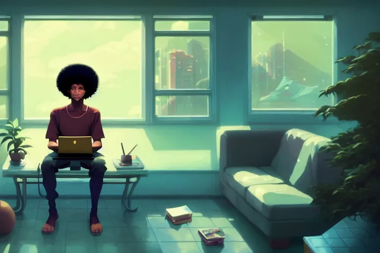 Image similar to a young afro man sitting on a sofa working on a laptop, wide angle shot from above, golden curve composition, animation portrait concept art, style of makoto shinkai, xision, james jean and peter mohrbacher, studio ghibli, artgerm, karol bak, dan mumford, 4 k hd, animation style