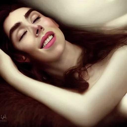 Prompt: stunning photo of dark - haired goddess vanessa kirby smiling, laying back on a pillow, with white tears running down her face, a beautiful closeup, wet lips, perfect eyes, insanely detailed, elegant, by mucha, wlop, rutkowski, livia prima