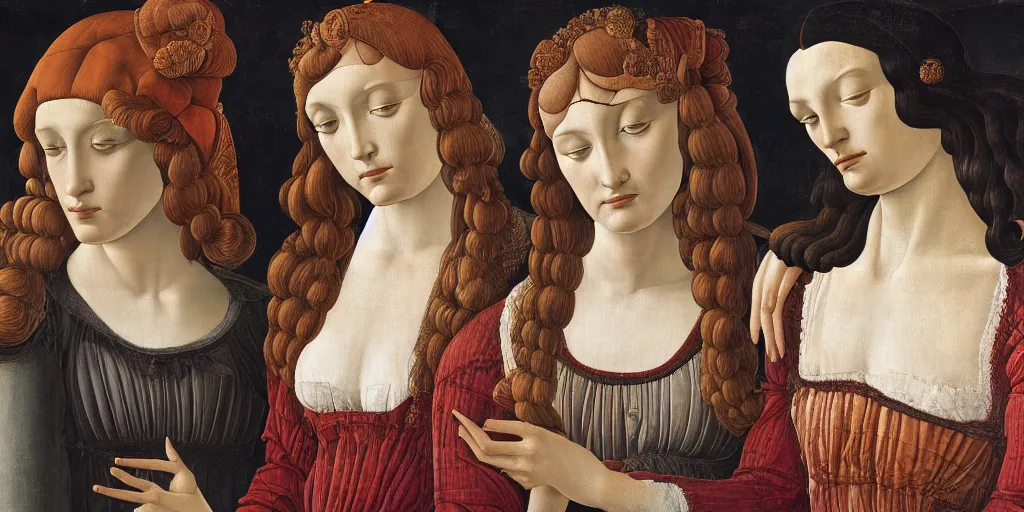 Prompt: a painting of a woman and two other women, a surrealist painting by sandro botticelli, polycount, renaissance, da vinci, pre - raphaelite, fresco