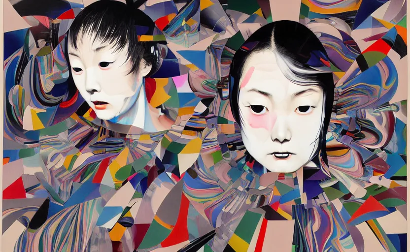 Image similar to decollage painting young japanese actress chased by unconsciousness fear by adrian ghenie and takato yamamoto and edward hopper and mark ryden and tsutomu nihei, part by bridget riley, acrylic pour and splashing paint, very coherent, baroque elements, perfect anatomy, intricate design. pop art.