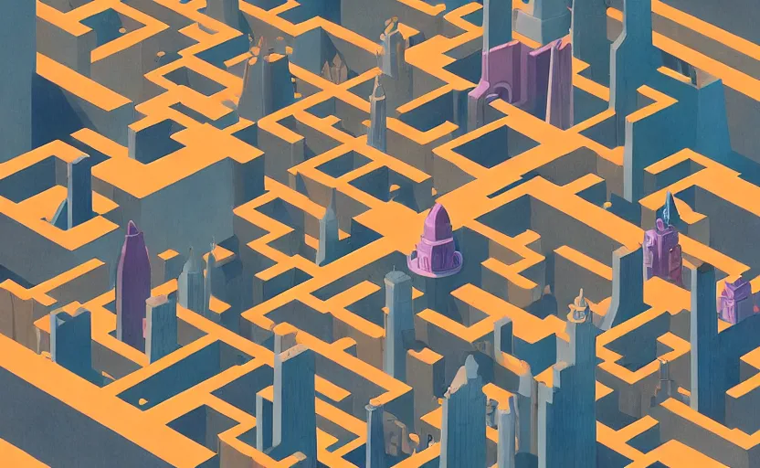 Prompt: An isometric shot of city in a shape of Maze , very coherent, painted by Edward Hopper, Wayne Barlowe, painted by James Gilleard, airbrush, art by JamesJean