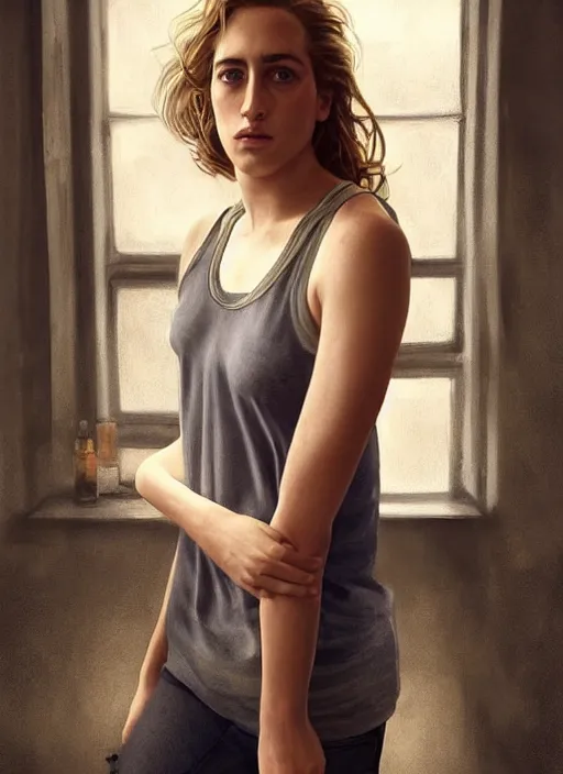 Image similar to full length photo of Adèle Haenel in a tanktop in the style of stefan kostic, full body, not realistic, sharp focus, 8k high definition, insanely detailed, intricate, elegant, art by stanley lau and artgerm