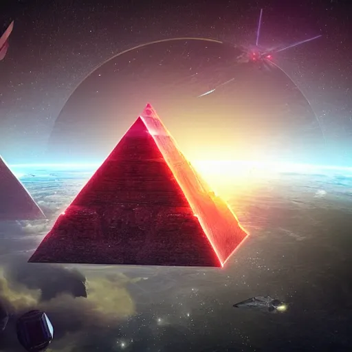 Prompt: pyramid ships coming out of a star gate, destiny, high quality, realistic