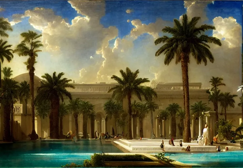 Image similar to The biggest palace ever made, thunderstorm, greek pool, beach and palm trees on the background major arcana sky, by paul delaroche, hyperrealistic 8k, very detailed