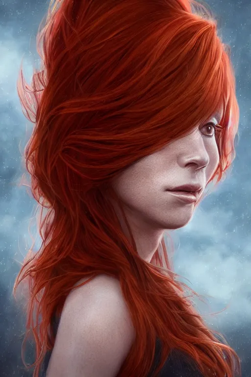 Image similar to portrait of a beautiful redhead woman, mylene farmer, flowy hair, cinematic lighting, highly detailed, digital painting, trending on artstation, pixiv, concept art, sharp focus, illustration, hyper detailed digital matte painting, concept art, cinema 4 d, 8 k resolution, trending on artstation, behance hd