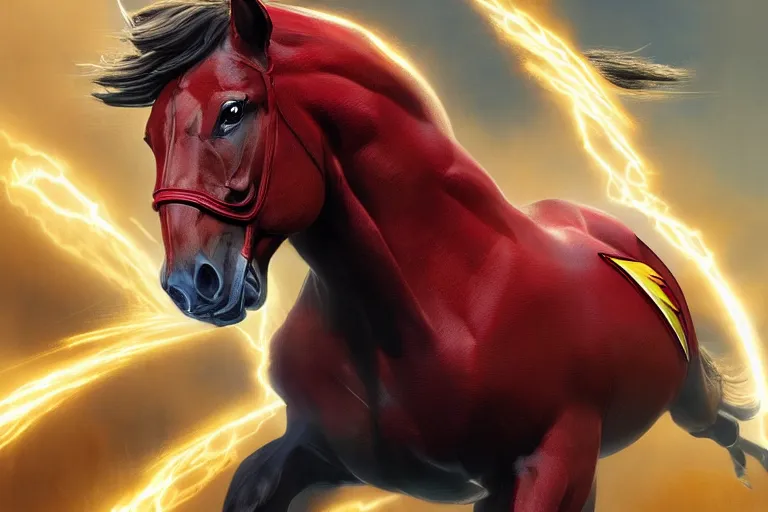 Image similar to a stunning digital painting of a horse as the flash in spandex costume, running in the speedforce by greg rutkowski, volumetric light, digital art, fine detail, photorealistic