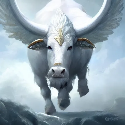 Prompt: a white bull with angelic wings, epic fantasy digital art, fantasy style art, by Greg Rutkowski, fantasy hearthstone card art style