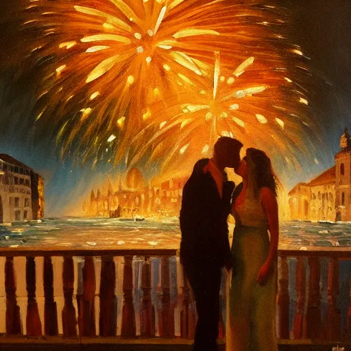 Image similar to an oil painting of couple kissing, in a background fireworks in venice