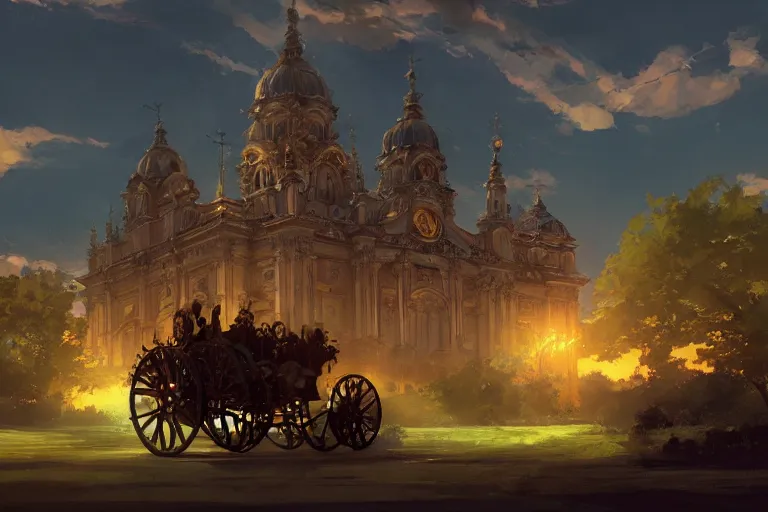 Prompt: a driving ornate baroque church mounted on chainwheels, scene in an open field. key visual, conceptart, ambient lighting, highly detailed, digital painting, artstation, concept art, sharp focus, by makoto shinkai and akihiko yoshida and greg manchess
