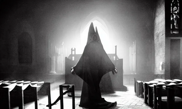 Image similar to a cultist ceremony, cultists with robes and masks, church interior, satanic church interior, the fog. horror lighting, found footage