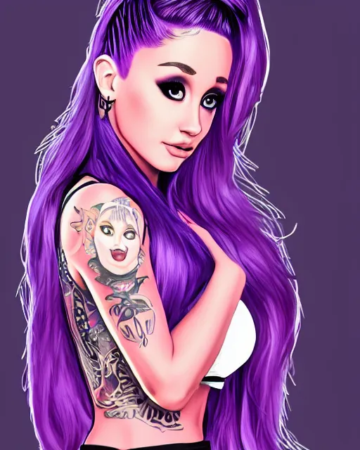 Prompt: beautiful Ariana Grande purple-hair tattoos symmetrical face stunning eyes full length fantasy art icon, 2d art gta5 cover, official fanart behance hd artstation