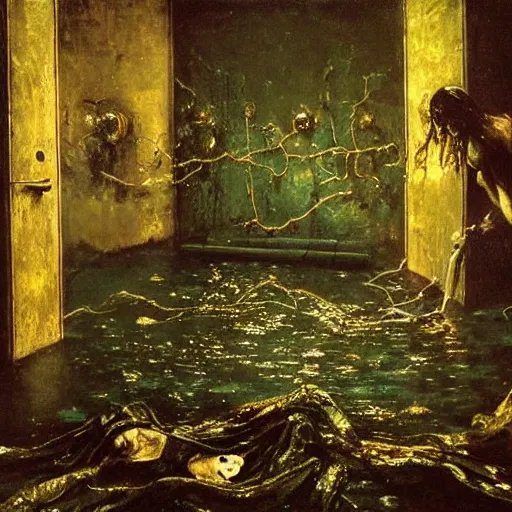 Prompt: realistic Courbet painting of a dark sci-fi laboratory at night, dark green ambient, zombiewalking dressed in rags made of guts and veins dripping golden shiny metalic fluid from ribcage to the floor. liquid shiny pool of gold on the floor.