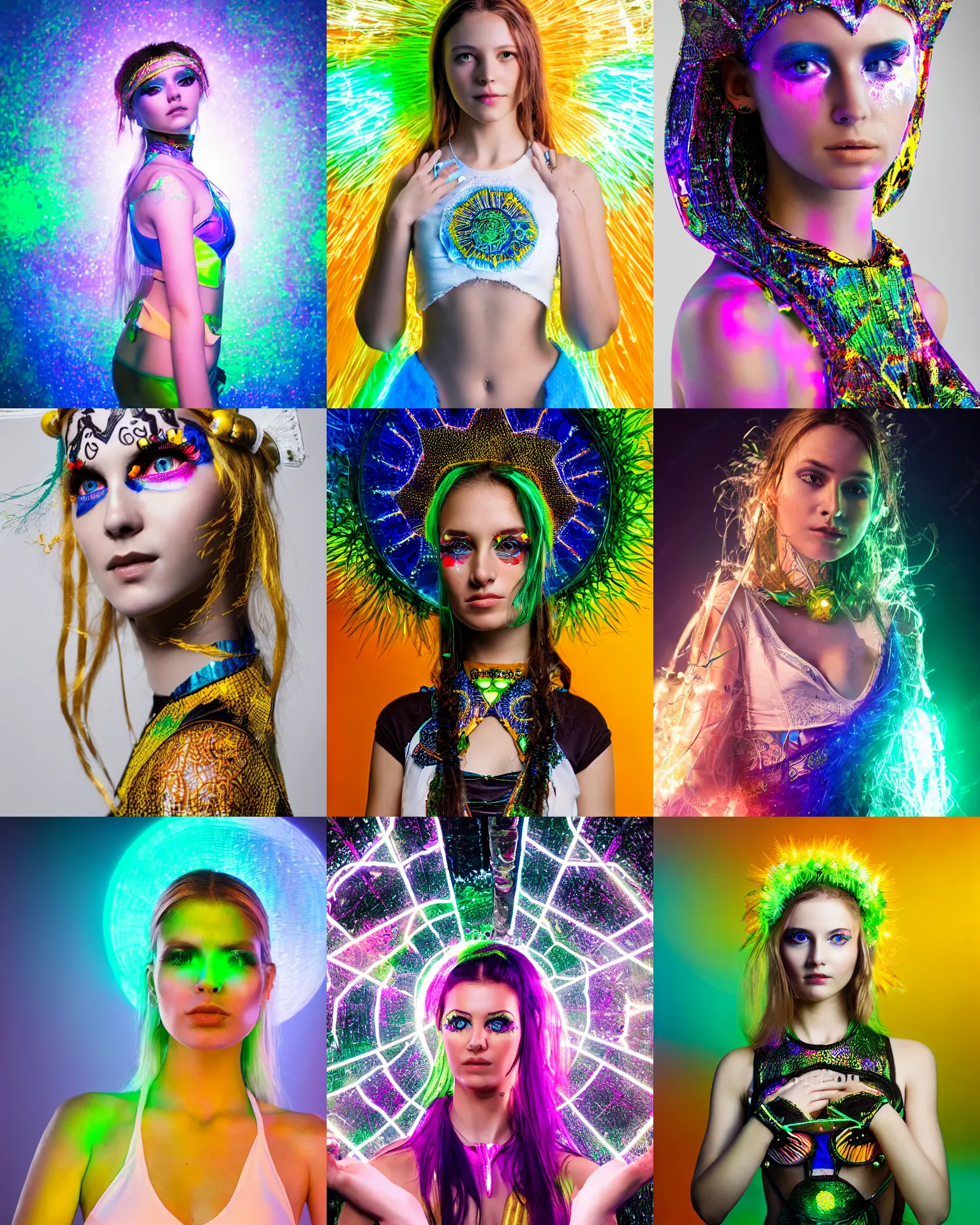 Prompt: centered medium shot fine studio photograph of a beautiful Ukrainian girl wearing a solarpunk bold rave outfit, ultra-realistic, white background, 8k HDR dusk light, intricate detail