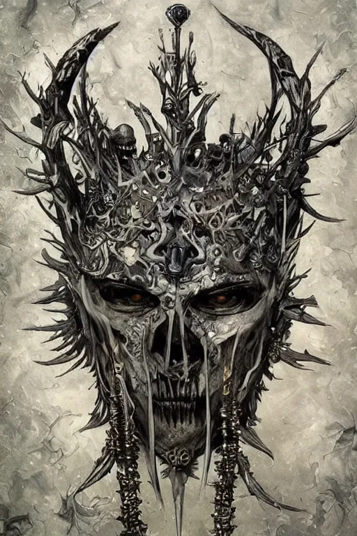 Prompt: The Knight of Bones by Karol Bak, Jean Deville, Gustav Klimt, and Vincent Van Gogh, portrait of a handsome vampire knight in armor, piercing grey eyes, ornate armor covered in thorns, bat wings, ornate dramatic bat wing helmet, hair made of shimmering ghosts, mystic eye, otherworldly, crown made of bones, catacombs, ornate jeweled crown, skulls, fractal structures, arcane, inscribed runes, infernal relics, ornate gilded medieval icon, third eye, spirals