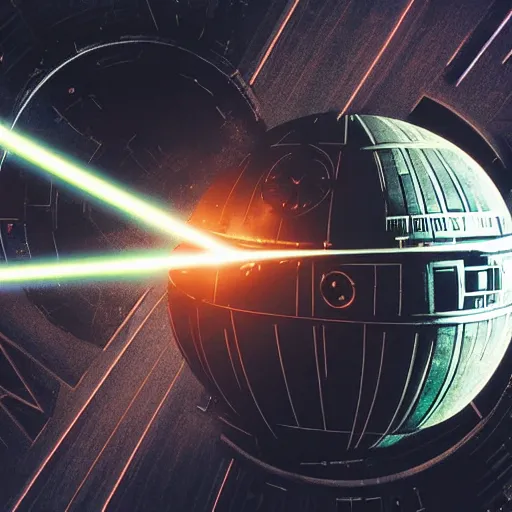 Image similar to high - quality photo of steampunk style death star, firing lasers.