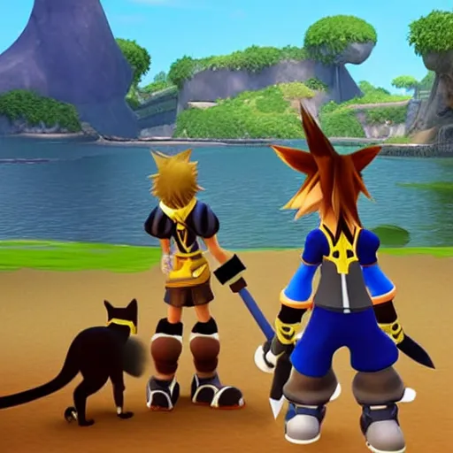 Image similar to A leaked image of a Warrior cats world in Kingdom Hearts 4, Kingdom hearts worlds, Sora donald and Goofy exploring the world of Warrior cats, action rpg Video game, Sora wielding a keyblade, Sora as a cat, cartoony shaders, rtx on, Erin hunter, Warrior cats book series