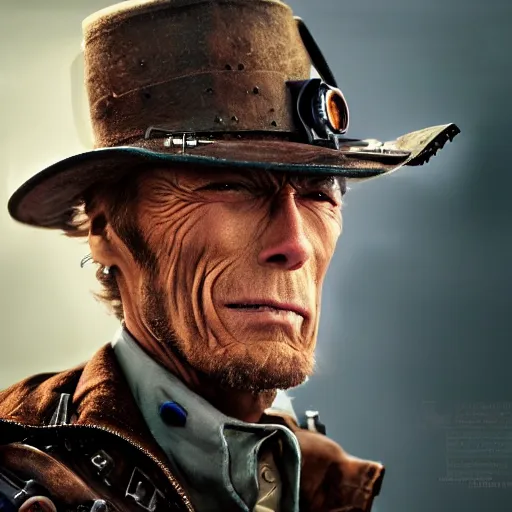 Image similar to clint eastwood steampunk cyborg, fantasy, sharp focus, contemporary fashion shoot, by edward robert hughes, annie leibovitz and steve mccurry, david lazar, jimmy nelsson, extremely detailed, hyperrealistic, perfect face, octane render