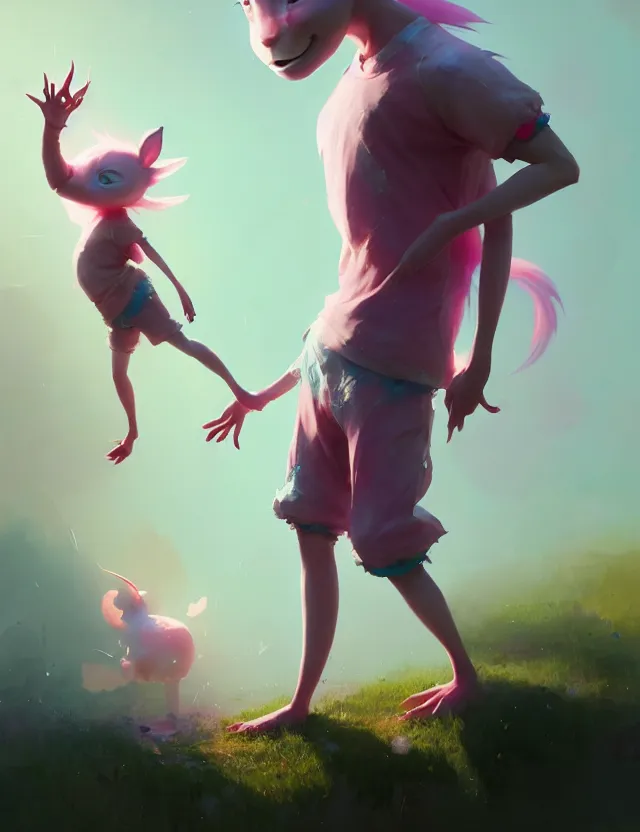 Image similar to beautiful cute boy with pink hair barefoot wearing tshirt and leggings under shorts. character design by cory loftis, fenghua zhong, ryohei hase, ismail inceoglu and ruan jia. artstation, volumetric light, detailed, photorealistic, fantasy, rendered in octane