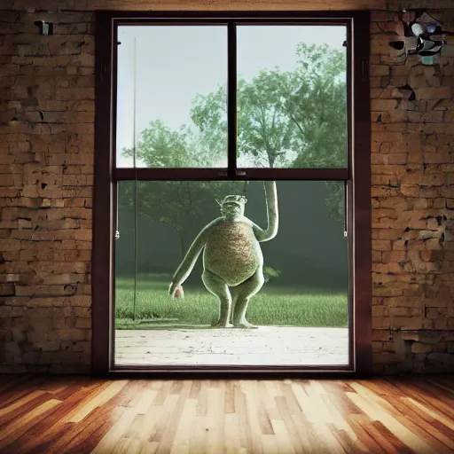 Prompt: photography, 3 d render, monster, window, wood floor