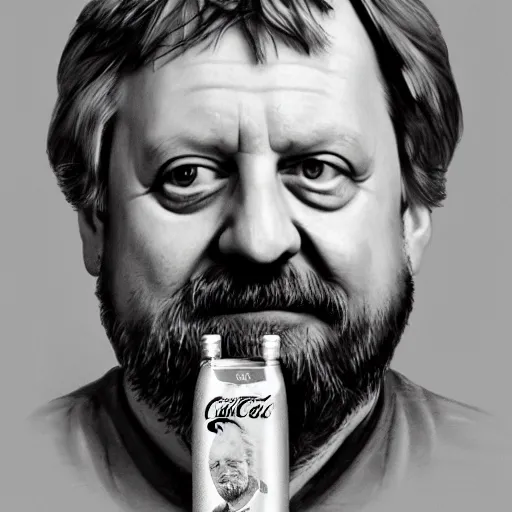 Image similar to sketch portrait of slavoj zizek with a coca cola bottle, artistic pencil drawing, detailed, award - winning, trending on artstation