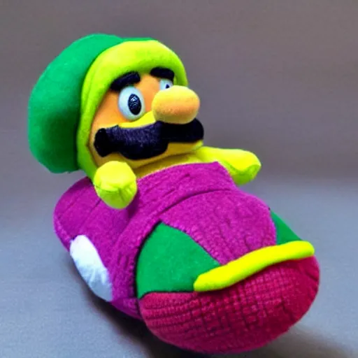 Image similar to a yarn plush doll of wario riding a yoshi