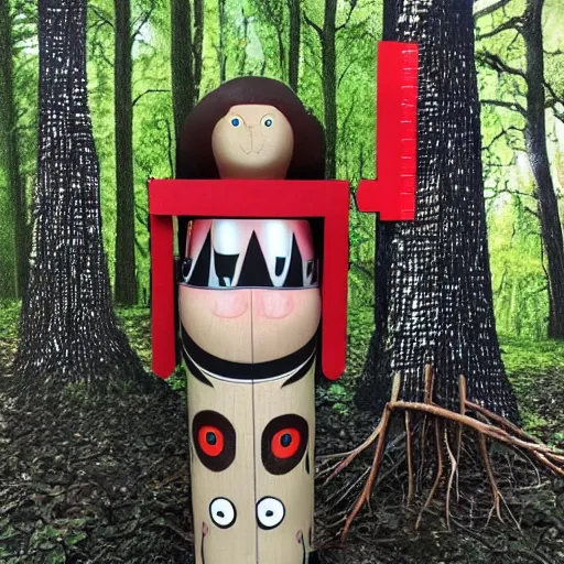 Prompt: a large grandmother doll with nutcracker mouth in a dark forest, red laser eyes cut down trees, horror