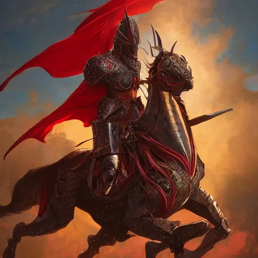 Image similar to a knight in armor riding his horse fighting a fiery red dragon, cinematic dramatic wide angle portrait, MtG, D&D, fantasy, intricate, elegant, highly detailed, digital painting, artstation, concept art, smooth, sharp focus, illustration, art by artgerm and greg rutkowski and alphonse mucha