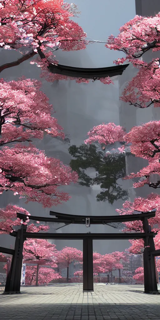 Image similar to 3 d photographic render of melting japanese torii gate and sakura flowers sculpture made of chrome, chrometype, made of liquid metal, neotribal with thorns and thunders, cyberpunk, raytracing, fov, hyper realistic, volumetric lightning, 8 k, by zhelong xu and ouchh studio