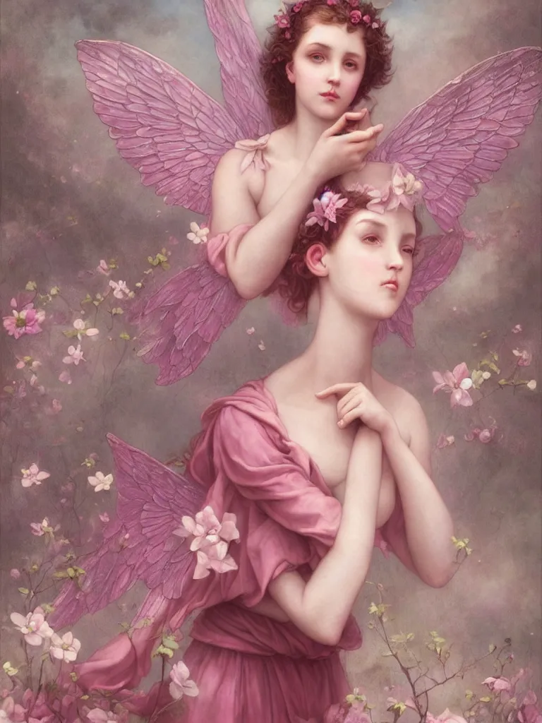 Image similar to one pink fairy with large wings exploring her lonely flower garden by herself in the style of tom bagshaw, william bouguereau, extremely detailed, muted colors, symmetrical face, large eyes, beautiful face