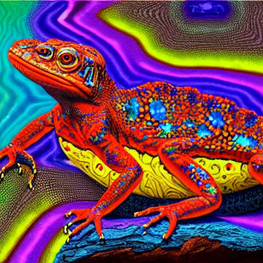 Prompt: a trippy colorful oil painting of a lizzard on a rock. psychedelic. dmt. fractals.