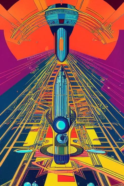 Image similar to a 8 0 s art deco poster with the interior of an international space station fuill of electronic equipment, poster art by milton glaser, kilian eng, moebius, behance contest winner, psychedelic art, concert poster, poster art, maximalist