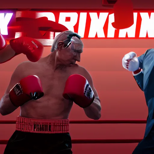Prompt: joe biden and vladimir putin in a boxing match, cyberpunk, macro, vibrant, 30mm photography, gta artstyle, wide shot, dramatic lighting, octane render, hyperrealistic, high quality, highly detailed, artstation, HD, beautiful, cinematic, 8k, unreal engine, facial accuracy, symmetrical