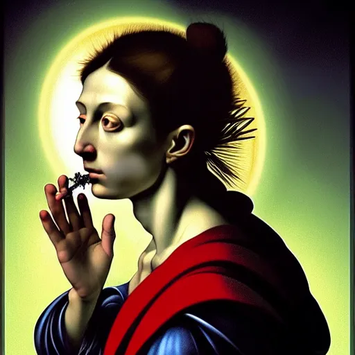 Image similar to Colour Caravaggio style Photography of Beautiful woman with highly detailed 1000 years old face wearing higly detailed sci-fi halo above head designed by Josan Gonzalez. Woman holding cigarette between fingers in her hand, Many details by Michelangelo . In style of Josan Gonzalez and Mike Winkelmann andgreg rutkowski and alphonse muchaand Caspar David Friedrich and Stephen Hickman and James Gurney and Hiromasa Ogura. volumetric natural light